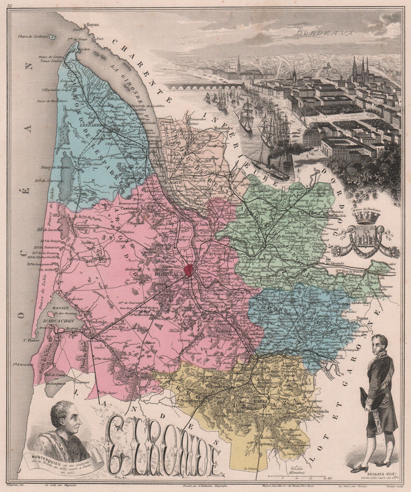 GIRONDE. Département. Bordeaux. Montesquieu. Decazes. VUILLEMIN 1879 old map